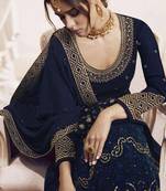 blue georgette wedding gown with embroidery and crystal accents