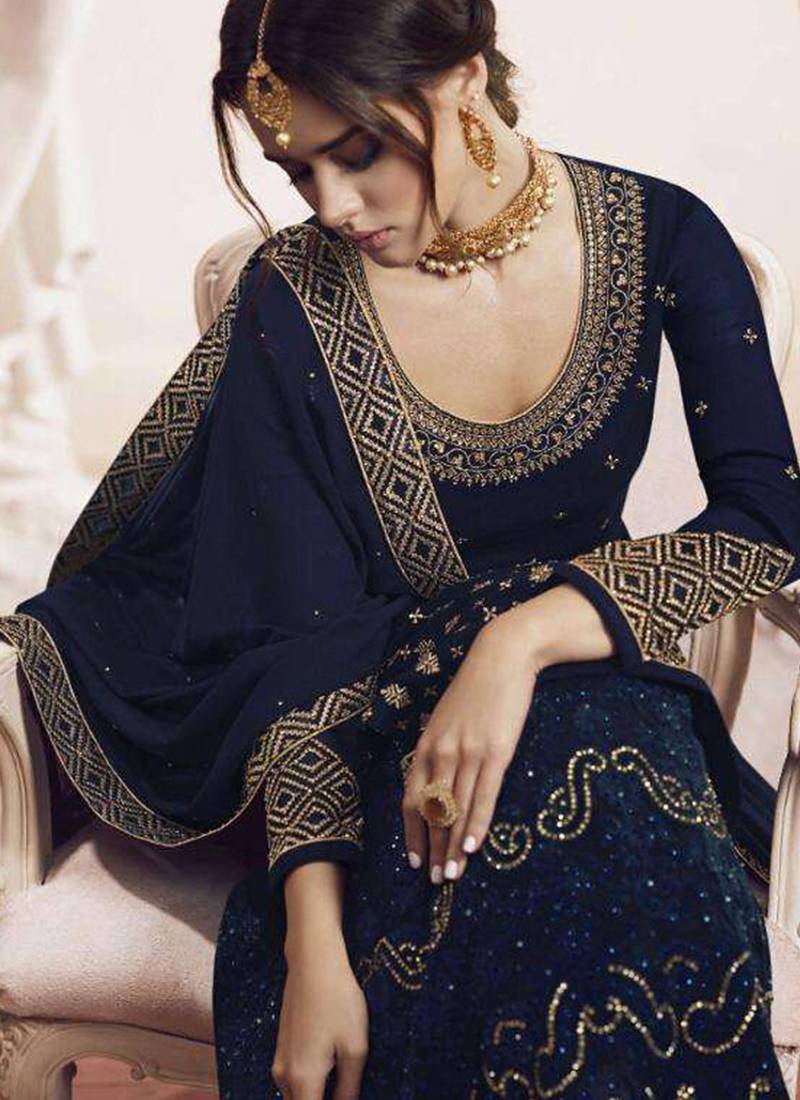 blue georgette wedding gown with embroidery and crystal accents