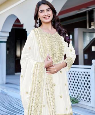 white chinnon silk embroidered wedding sharara set 5