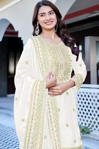white chinnon silk embroidered wedding sharara set