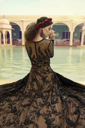 black embroidered net wedding gown with crystal accents