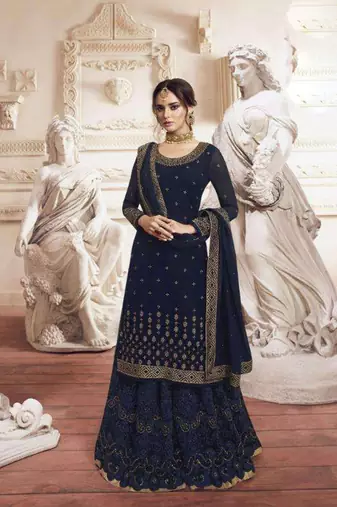 blue georgette wedding gown with embroidery and crystal accents