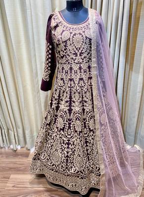 maroon pure art silk wedding gown with embroidery and crystal work 1