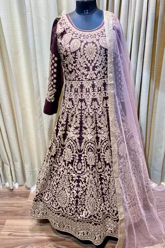 maroon pure art silk wedding gown with embroidery and crystal work