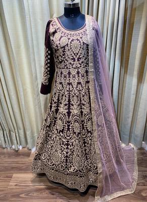 maroon pure art silk wedding gown with embroidery and crystal work 2