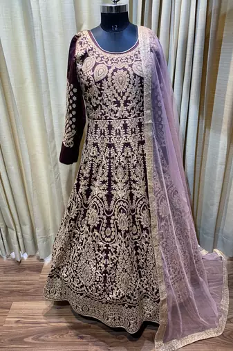 maroon pure art silk wedding gown with embroidery and crystal work