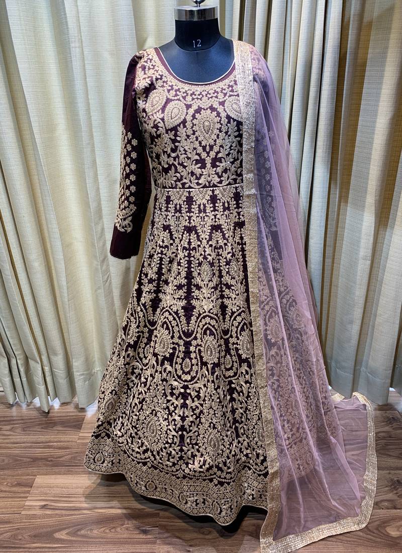 maroon pure art silk wedding gown with embroidery and crystal work