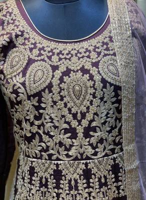maroon pure art silk wedding gown with embroidery and crystal work 3