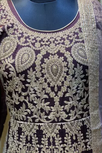 maroon pure art silk wedding gown with embroidery and crystal work