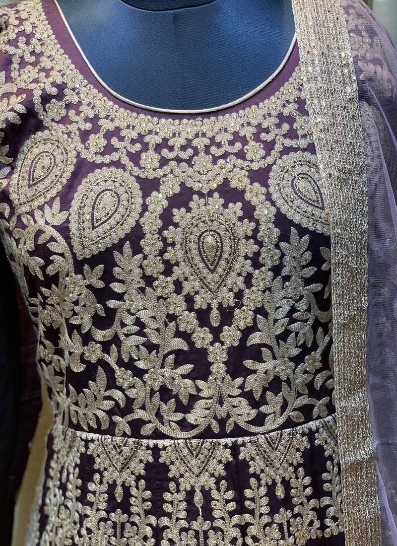 maroon pure art silk wedding gown with embroidery and crystal work