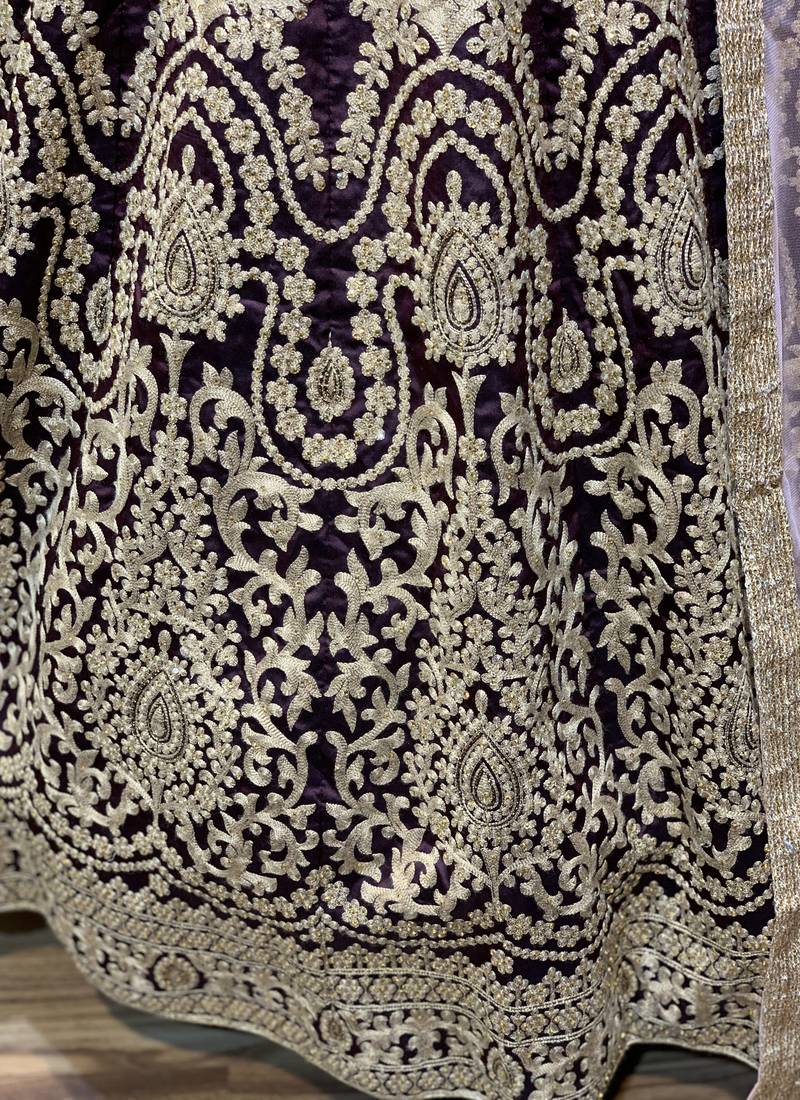 maroon pure art silk wedding gown with embroidery and crystal work