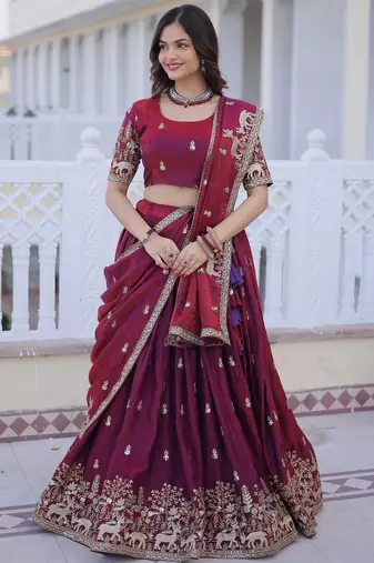Awesome Wine Sequins Silk Wedding Wear Lehenga Choli With Dupatta