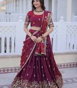 Awesome Wine Sequins Silk Wedding Wear Lehenga Choli With Dupatta