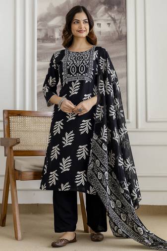 Black Pure Cotton Leaf Print Embroidery Work Anarkali Kurta Pant with Dupatta