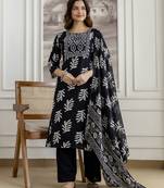 Black Pure Cotton Leaf Print Embroidery Work Anarkali Kurta Pant with Dupatta