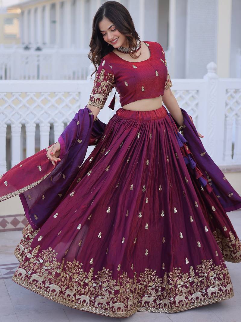 Awesome Wine Sequins Silk Wedding Wear Lehenga Choli With Dupatta