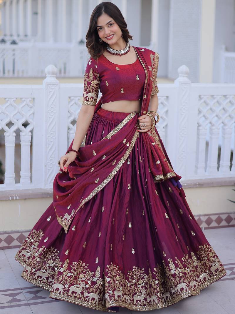 Awesome Wine Sequins Silk Wedding Wear Lehenga Choli With Dupatta