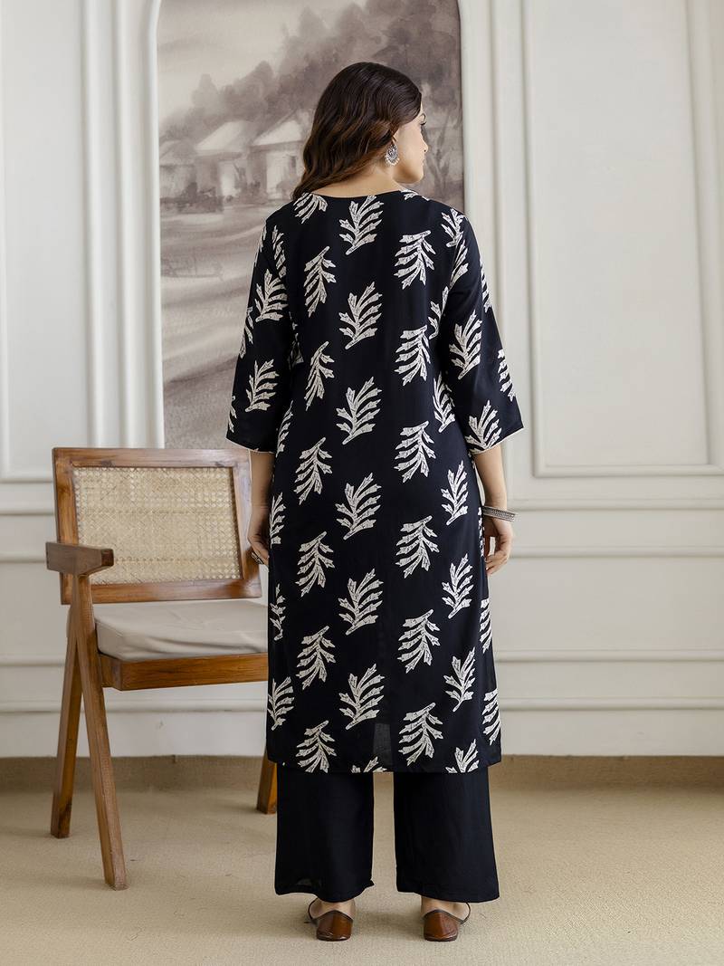 Black Pure Cotton Leaf Print Embroidery Work Anarkali Kurta Pant with Dupatta