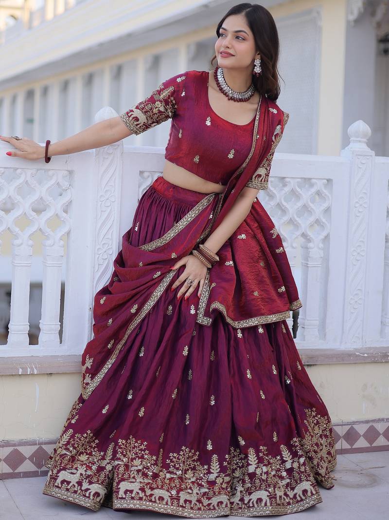 Awesome Wine Sequins Silk Wedding Wear Lehenga Choli With Dupatta
