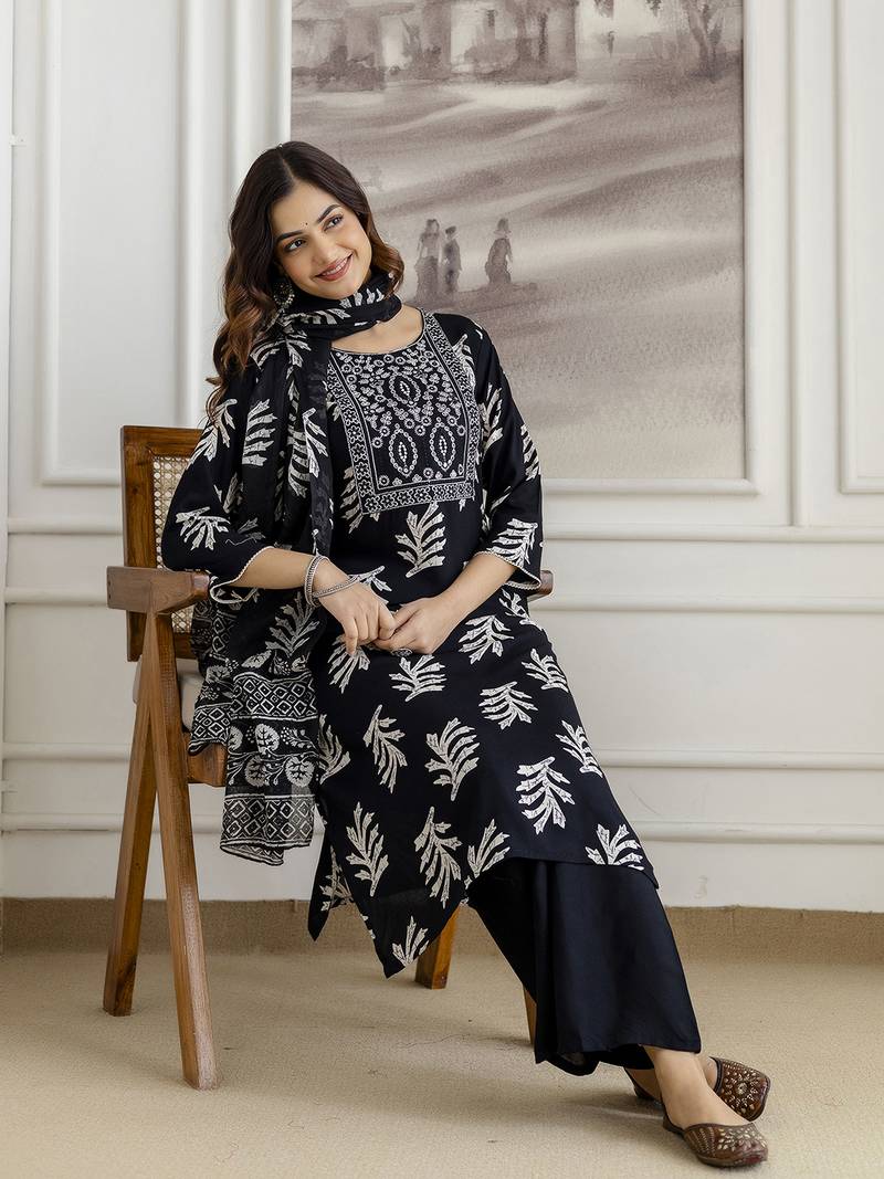 Black Pure Cotton Leaf Print Embroidery Work Anarkali Kurta Pant with Dupatta