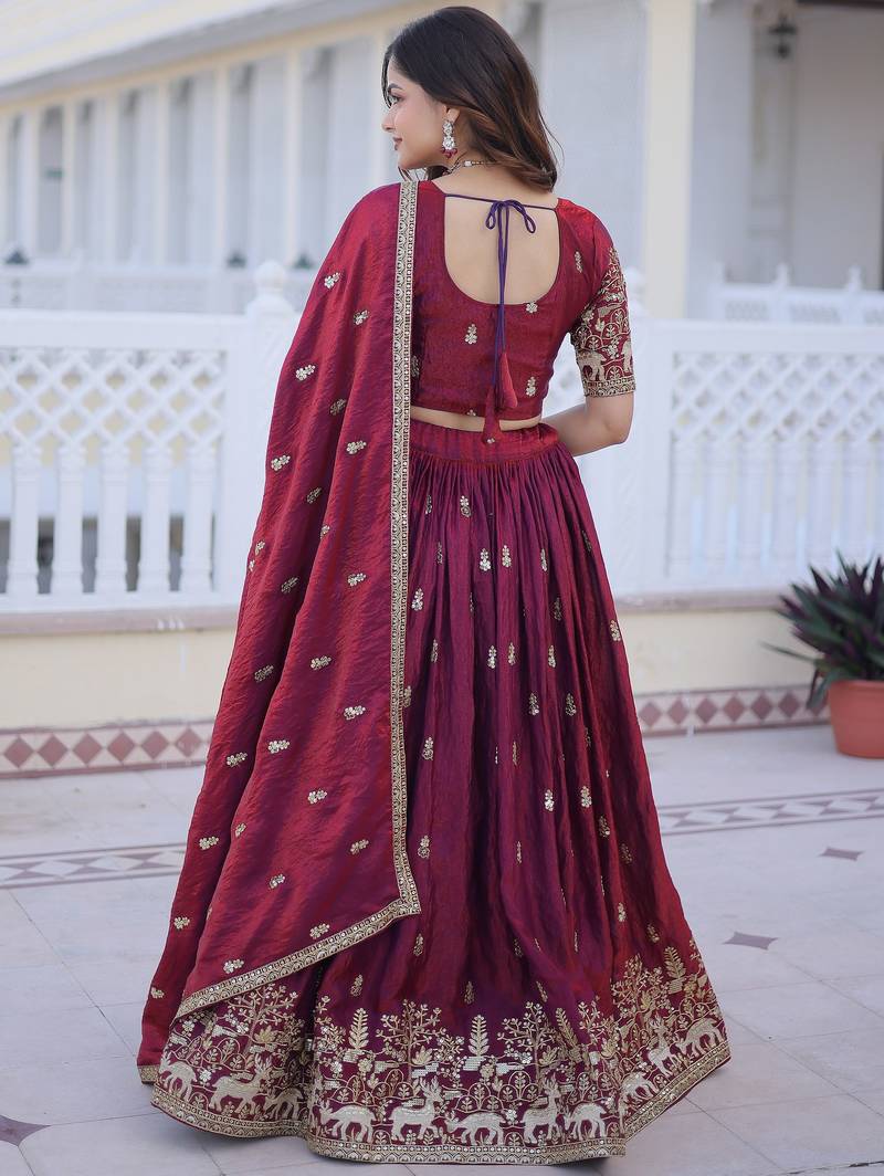 Awesome Wine Sequins Silk Wedding Wear Lehenga Choli With Dupatta