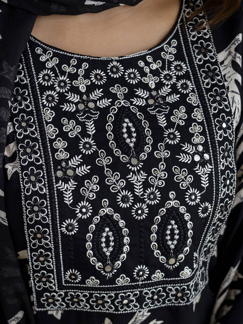 Black Pure Cotton Leaf Print Embroidery Work Anarkali Kurta Pant with Dupatta
