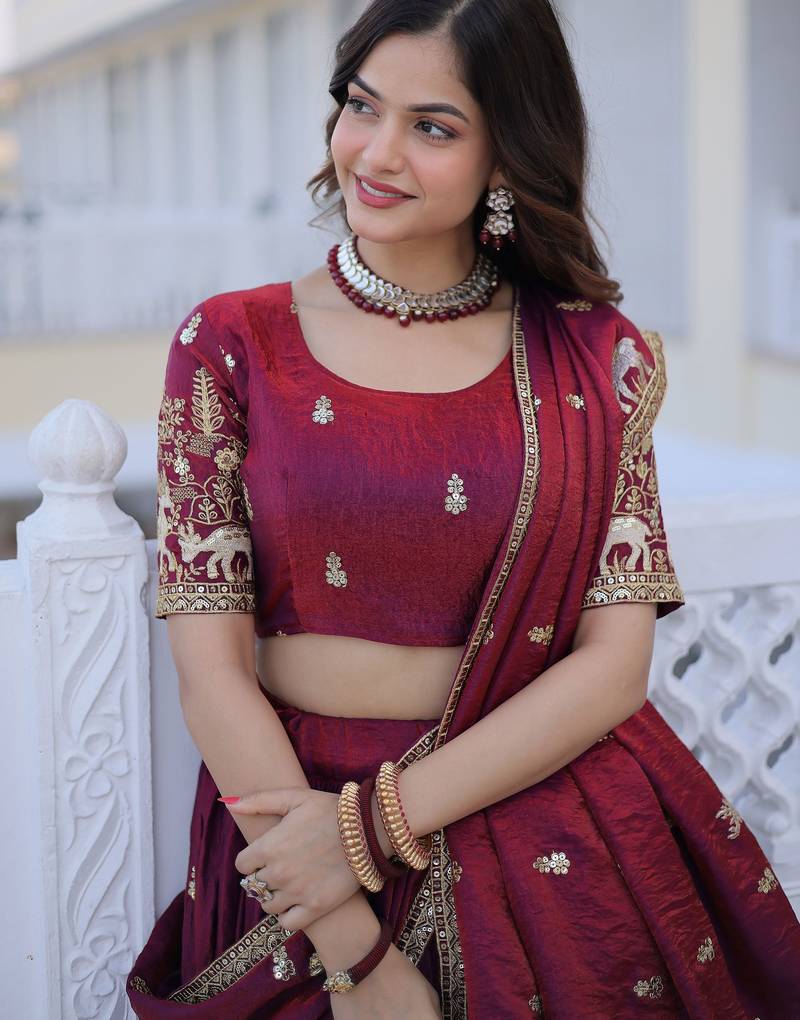 Awesome Wine Sequins Silk Wedding Wear Lehenga Choli With Dupatta