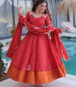 Rust mul chanderi mirror work kurta with pant and heavy dupatta