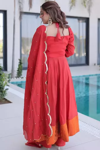 rust chanderi silk anarkali with sequins and mirror detailing