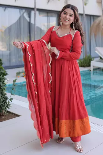 rust chanderi silk anarkali with sequins and mirror detailing