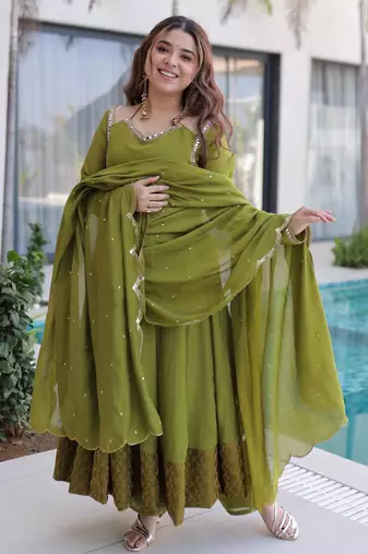 Parrot mul chanderi mirror work kurta with pant and heavy dupatta