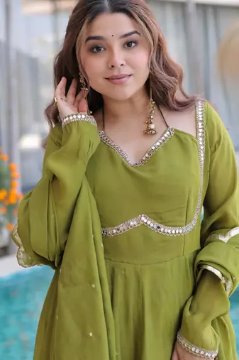 parrot green chanderi silk anarkali with mirror work and heavy dupatta
