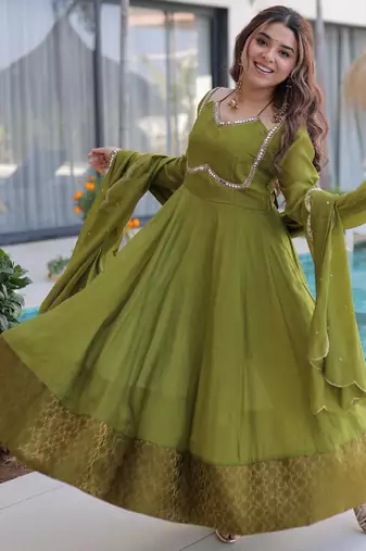 parrot green chanderi silk anarkali with mirror work and heavy dupatta