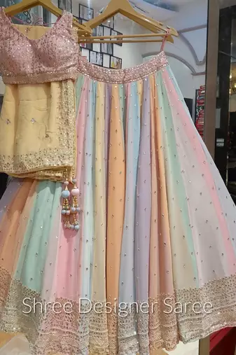 multicolor cording embroidery georgette lehenga set