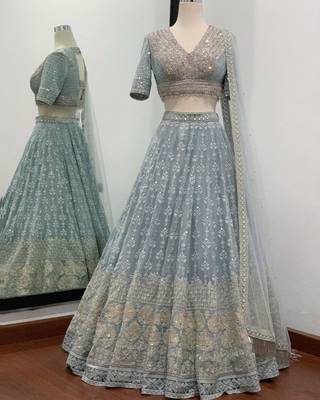 grey embroidery georgette designer lehenga choli set 1