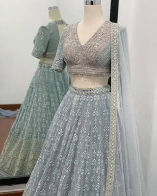 grey embroidery georgette designer lehenga choli set 2