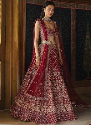 maroon taffeta silk embroidered wedding lehenga choli 1