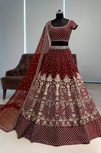 maroon taffeta silk embroidered wedding lehenga choli