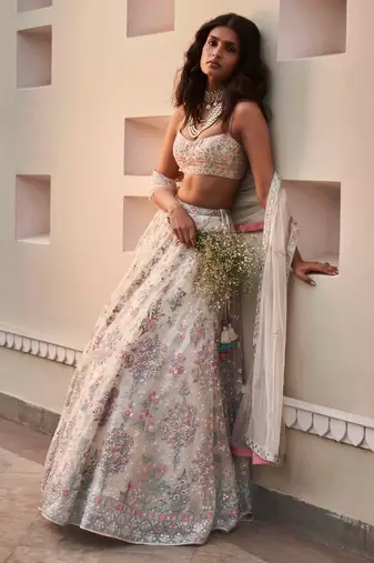 white embroidery georgette designer lehenga choli set