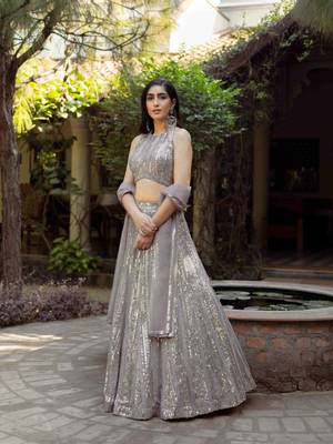 grey embroidery georgette designer lehenga choli with dupatta 2