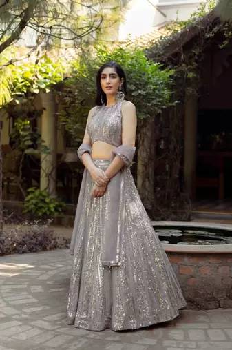 grey embroidery georgette designer lehenga choli with dupatta