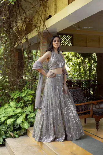 grey embroidery georgette designer lehenga choli with dupatta