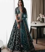 GREEN VELVET CORDING EMBROIDERY DESIGNER LEHENGA CHOLI WITH DUPATTA