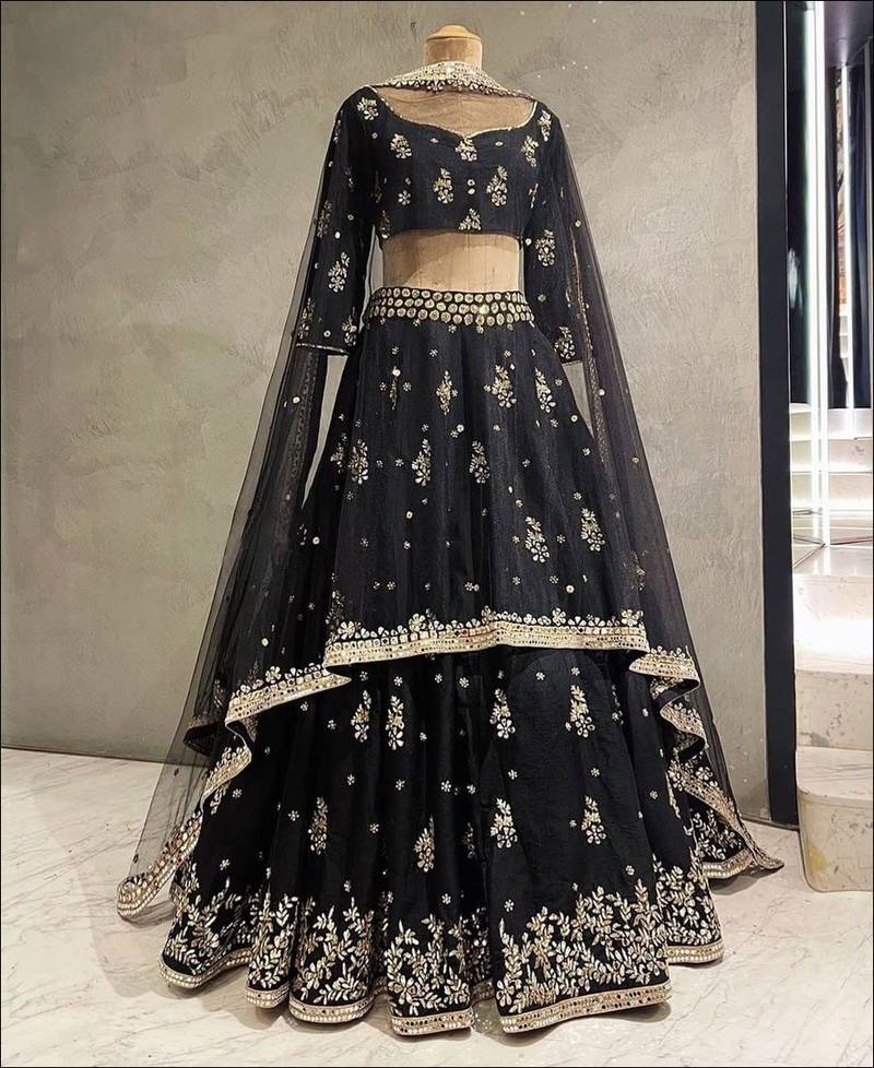 BLACK FRENCH SILK MIRROR EMBROIDERY STUNNING LEHENGA CHOLI WITH DUPATTA