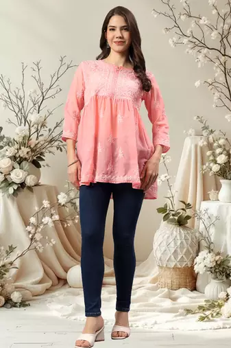 Seva chikan hand embroidered peach terivoil lucknowi chikan top scl9243