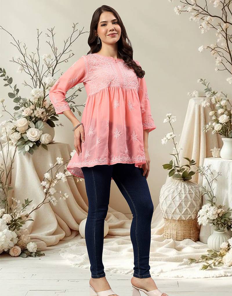 Seva chikan hand embroidered peach terivoil lucknowi chikan top scl9243