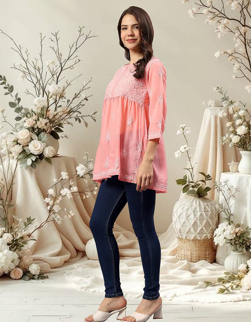 Seva chikan hand embroidered peach terivoil lucknowi chikan top scl9243