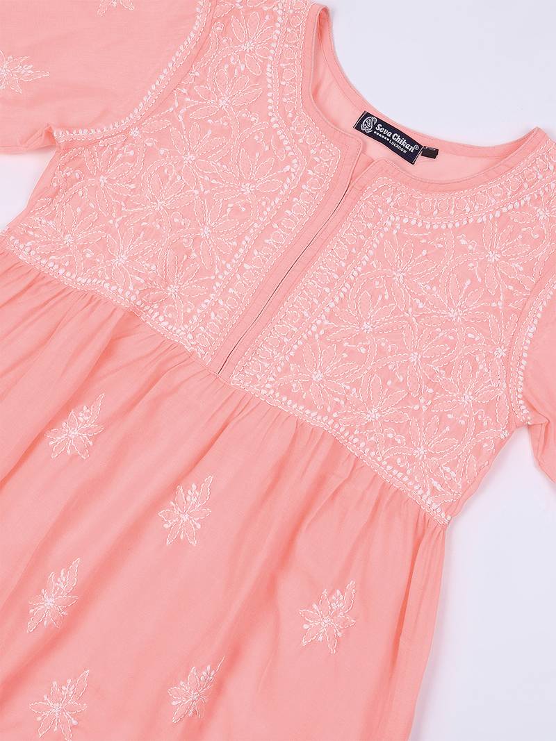 Seva chikan hand embroidered peach terivoil lucknowi chikan top scl9243