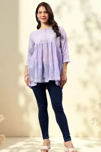 Seva chikan hand embroidered mauve terivoil lucknowi chikan top scl9244