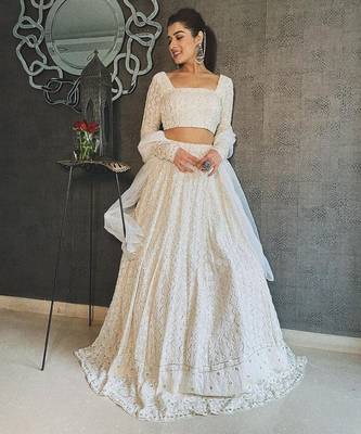 white cotton embroidered designer lehenga choli with dupatta set 1